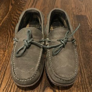 LL Bean Men’s 7 women’s 8.5 leather outer, rubber sole, flannel lined slippers.